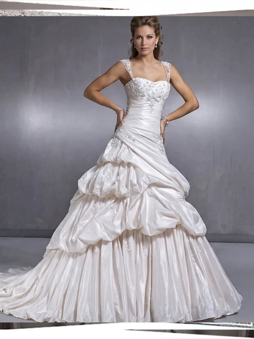White Satin Wedding Gown w/ Detachable Straps, Crystals, Beading & Long Train